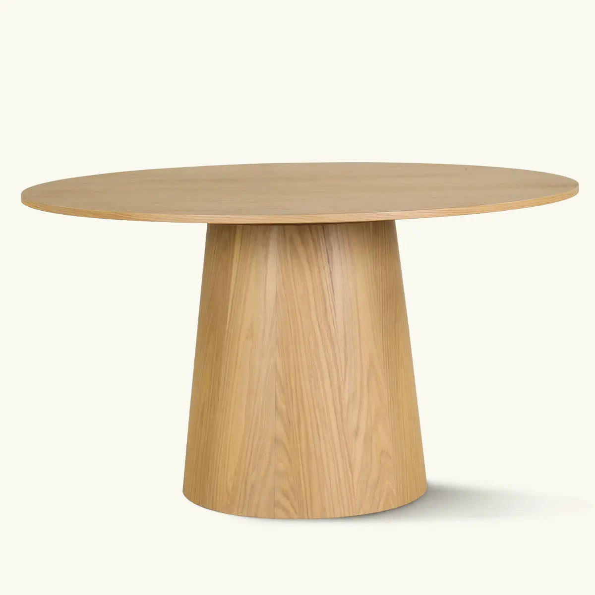 Orchid Solid Oak Wood Round Pedestal Dining Table on neutral background, elegant minimalist design.