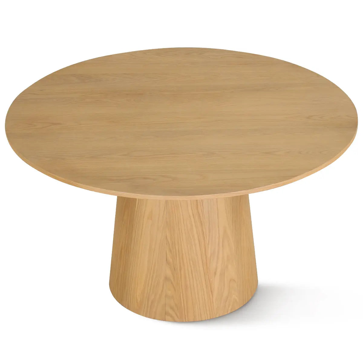 Orchid oak wood round dining table with pedestal base; solid wood furniture design.