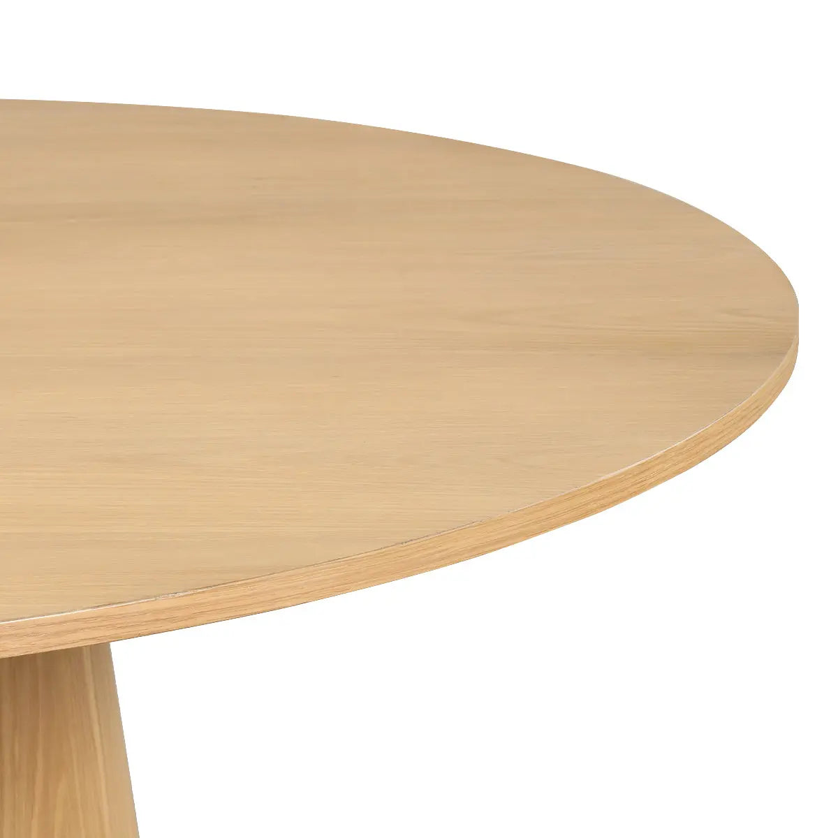 Orchid Oak Wood Round Pedestal Dining Table, features solid wood grain texture, minimalist design.