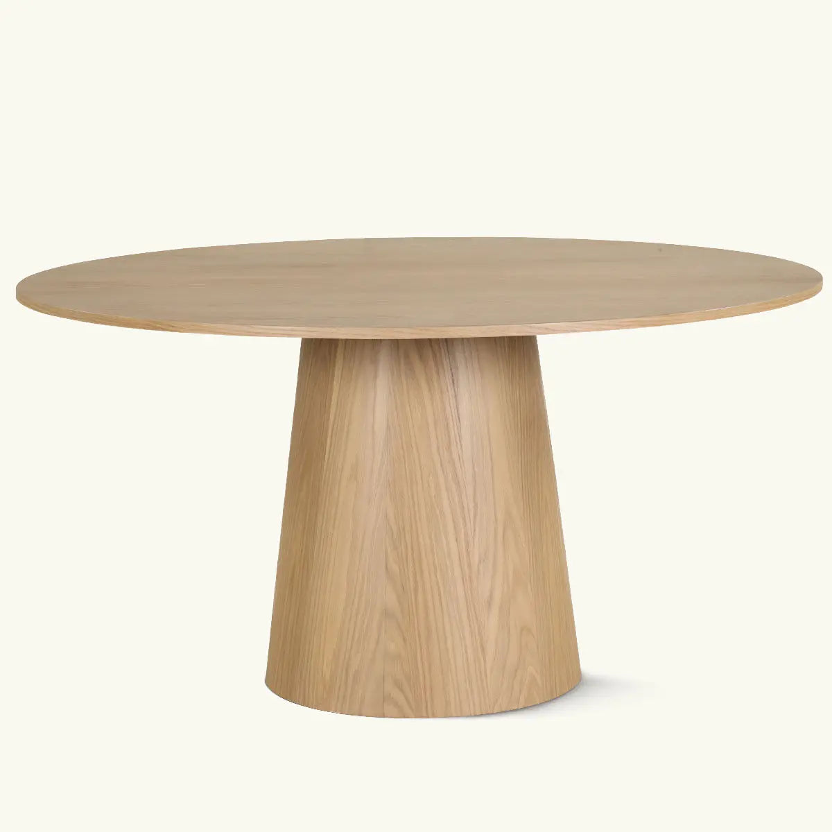 Orchid Oak Round Pedestal Dining Table, natural wood finish, elegant minimalist design, dimension option available.