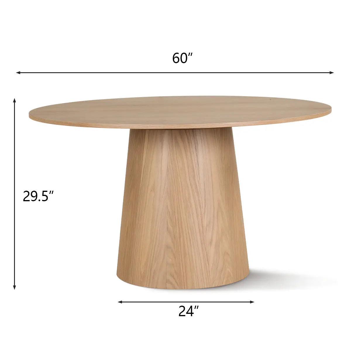 Orchid Oak Round Pedestal Dining Table with dimensions; minimalist design in natural wood finish.