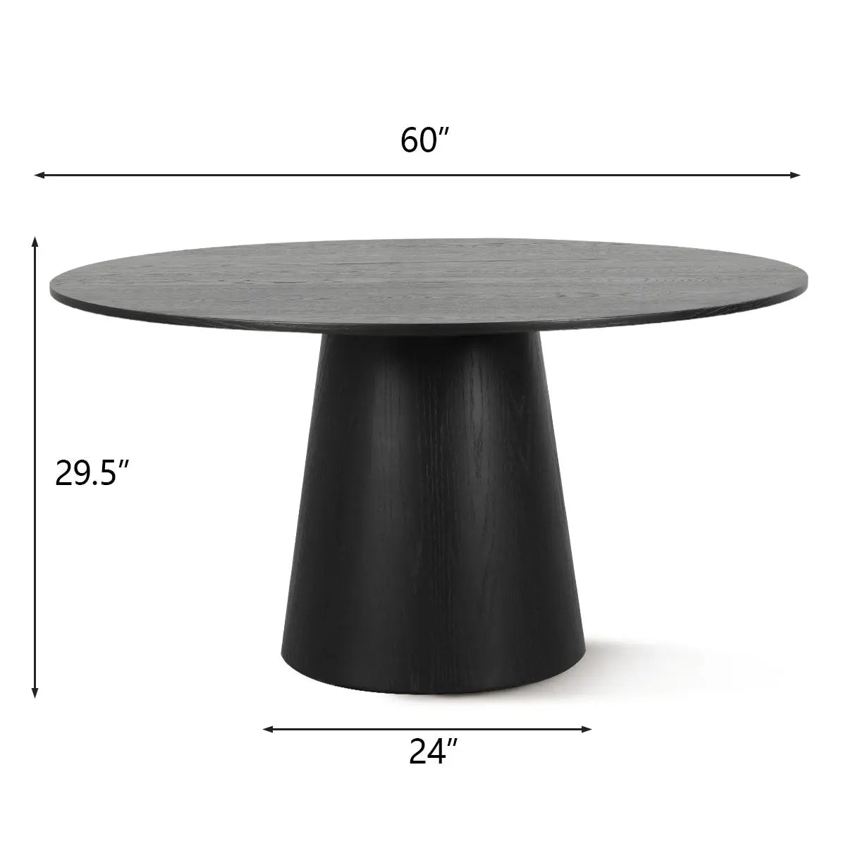 Orchid Oak Round Pedestal Dining Table with dimensions, sleek black finish, minimalist design.