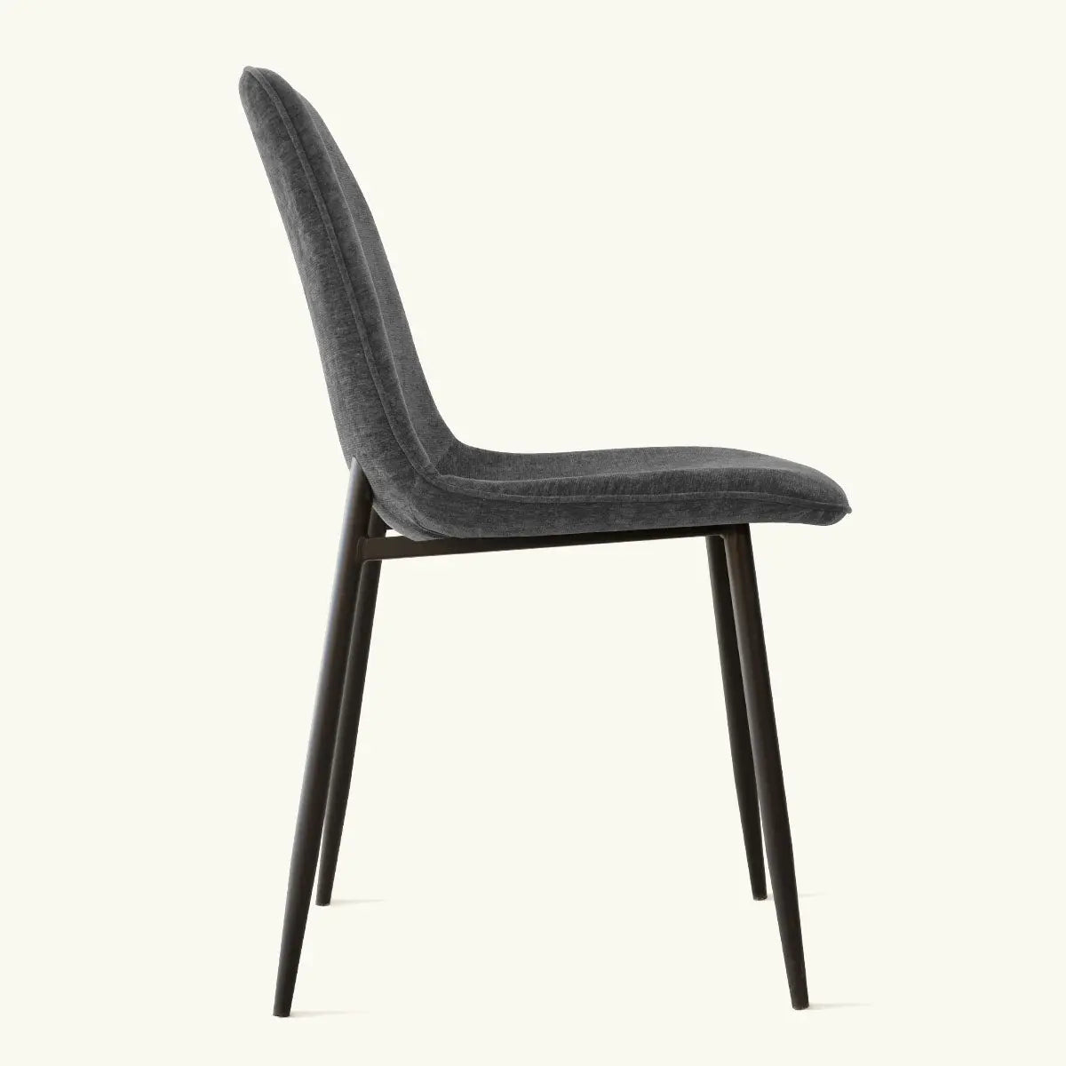 Oslo Modern Upholstered Dining Chair with metal legs, side view, minimalist design, grey upholstery.