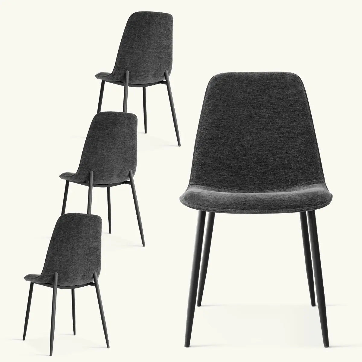 Oslo Modern Upholstered Dining Chair with Metal Legs, gray fabric, minimalist design, multiple angles.