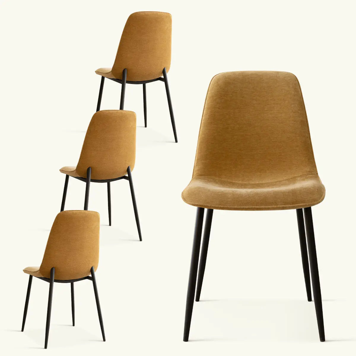 Four mustard-colored Oslo Modern Dining Chairs with metal legs, minimal design, against a white background.