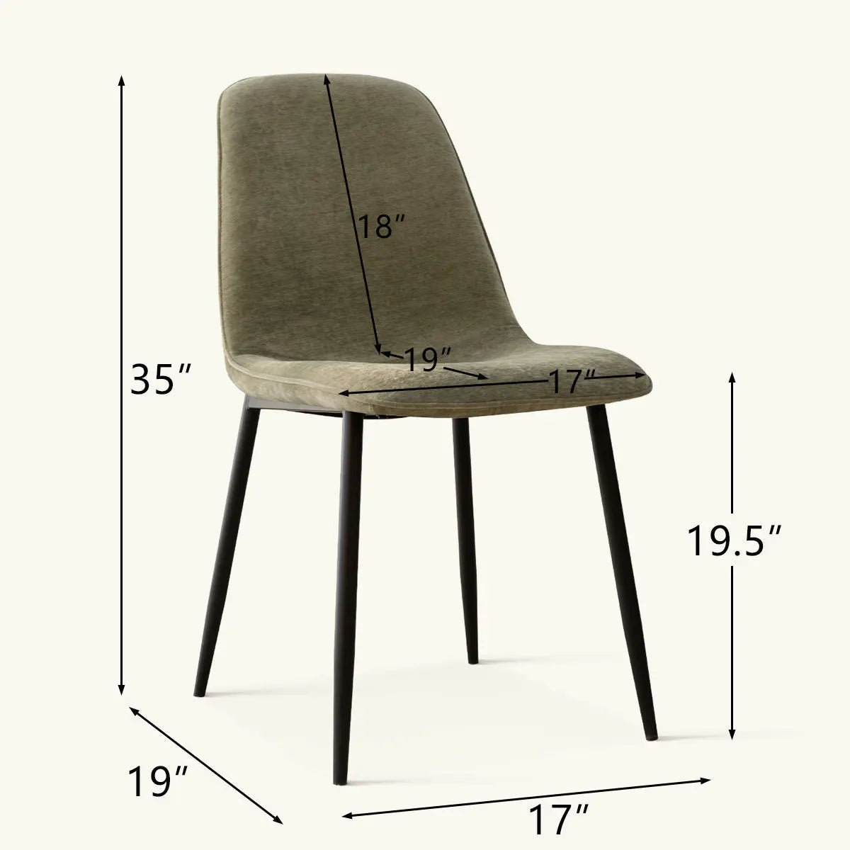 Olsson Oslo Modern Upholstered Dining Chair with Metal Legs, dimensions detailed, elegant design.