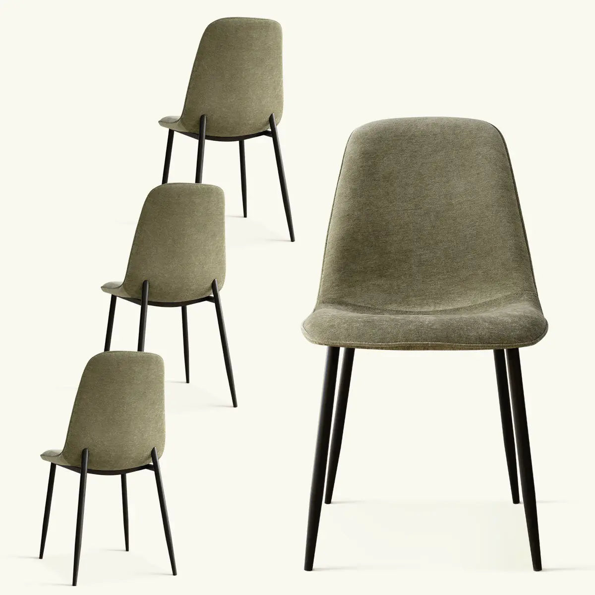 Oslo Modern Upholstered Dining Chair, metal legs, green fabric, black metal, minimalist design.