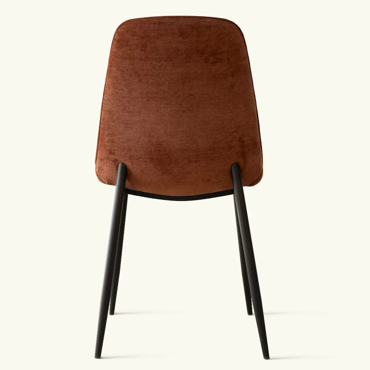 Back view of Oslo Modern Upholstered Dining Chair with Metal Legs, brown fabric, no background details.