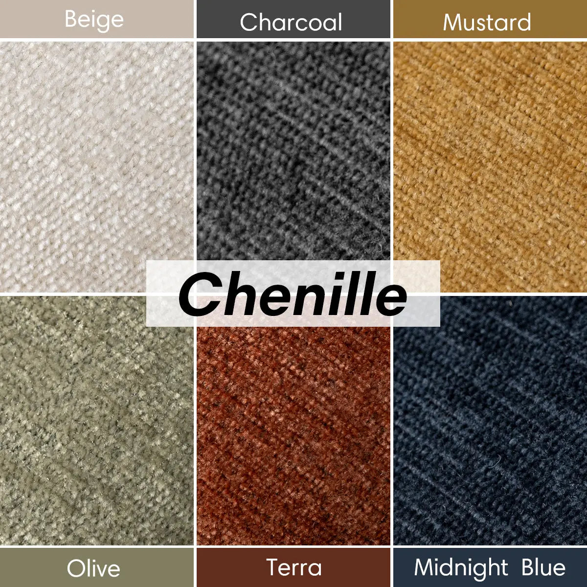 Chenille fabric swatches in beige, charcoal, mustard, olive, terra, and midnight blue for upholstered chairs.