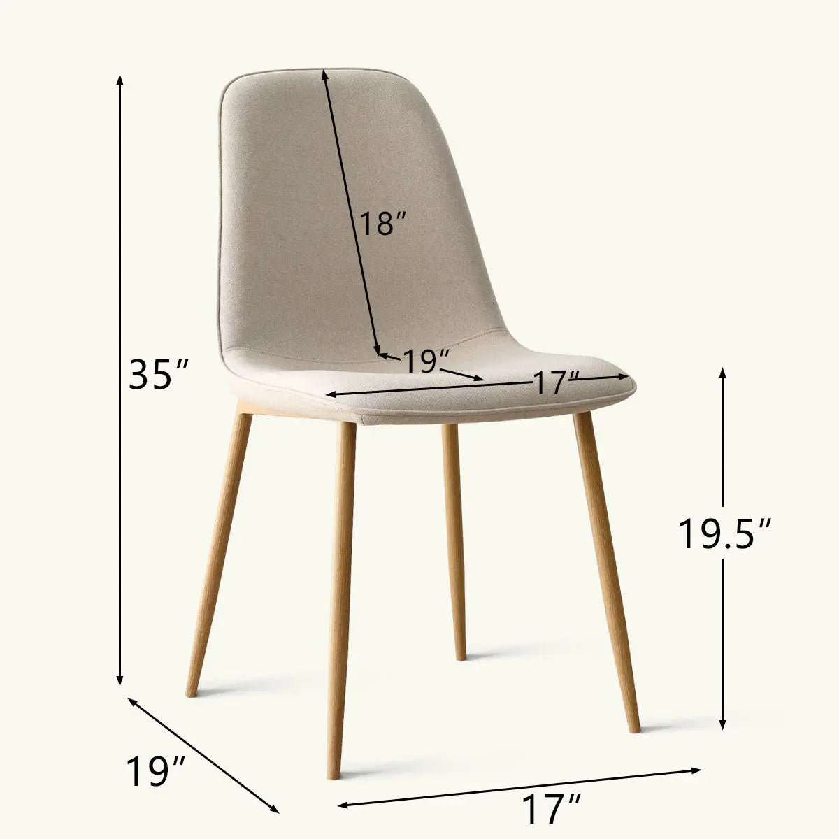 Dimensions of Oslo Modern Chenille Upholstered Dining Chair, oak legs, beige fabric.