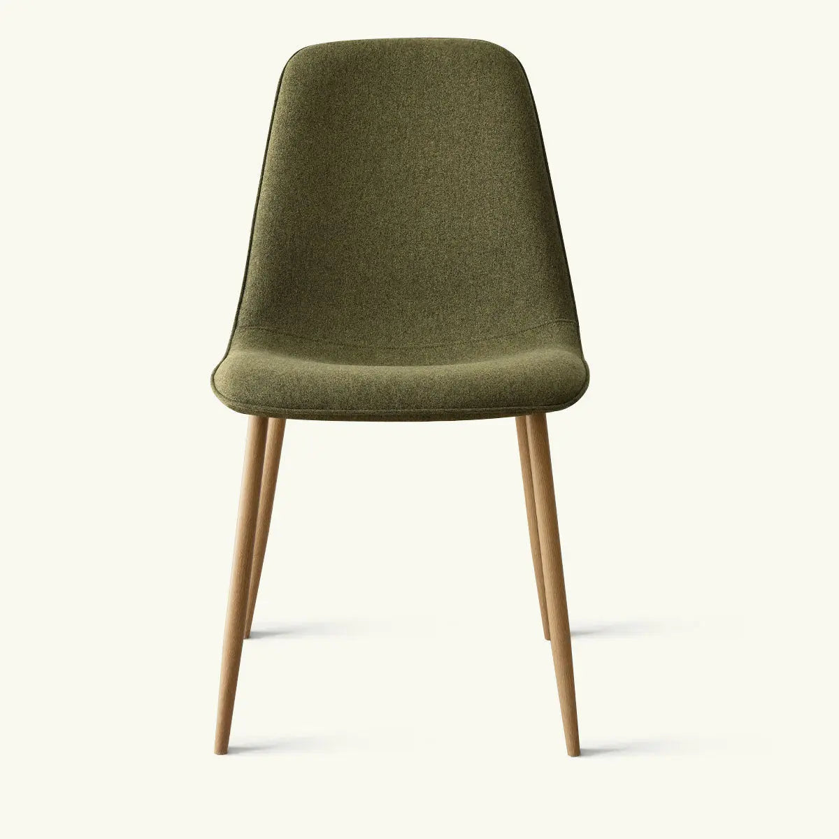 Olive chenille dining chair with oak legs, Oslo Modern, simple style. No decor elements.