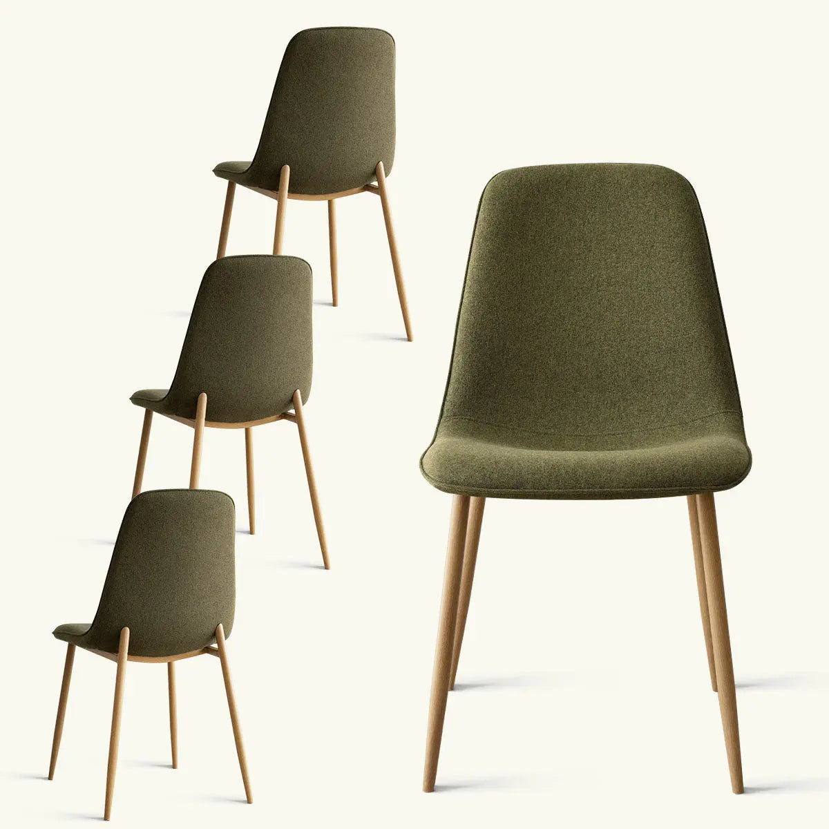 Olive green chenille dining chairs with oak legs, featuring modern design and fabric texture detail.