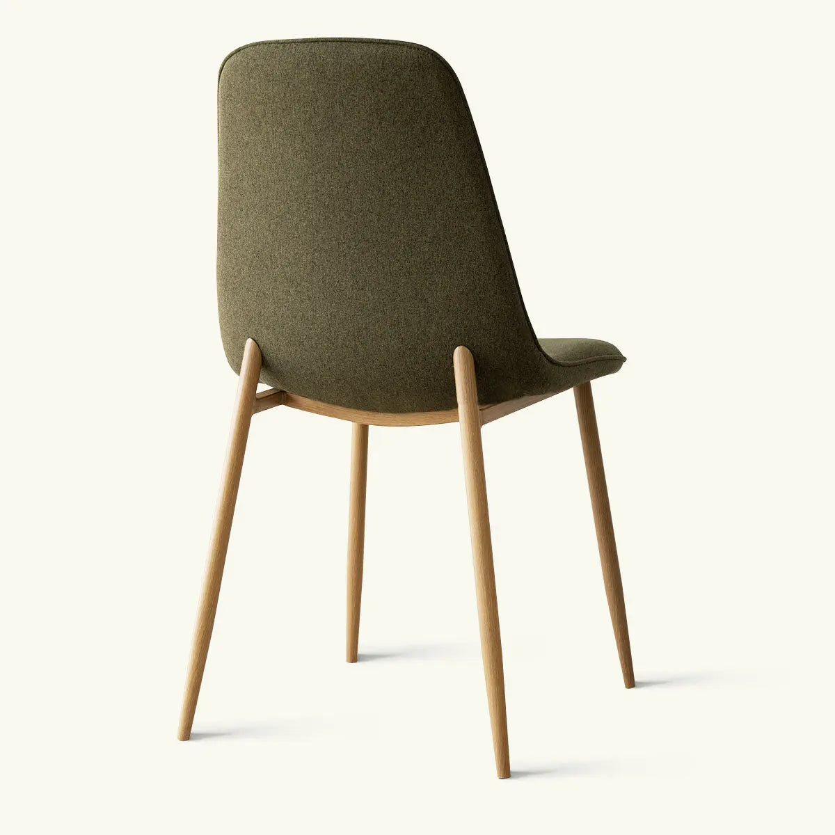 Olive green modern chenille dining chair with oak legs, back view. Stylish, minimalist design.