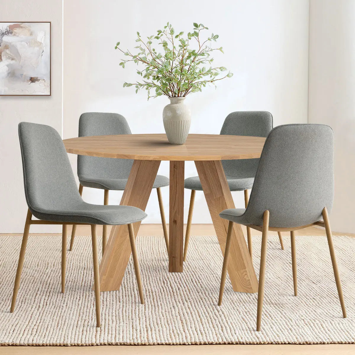 Oslo Modern Chenille Upholstered Dining Chair with Oak Legs, gray color, dining room, hardwood flooring.