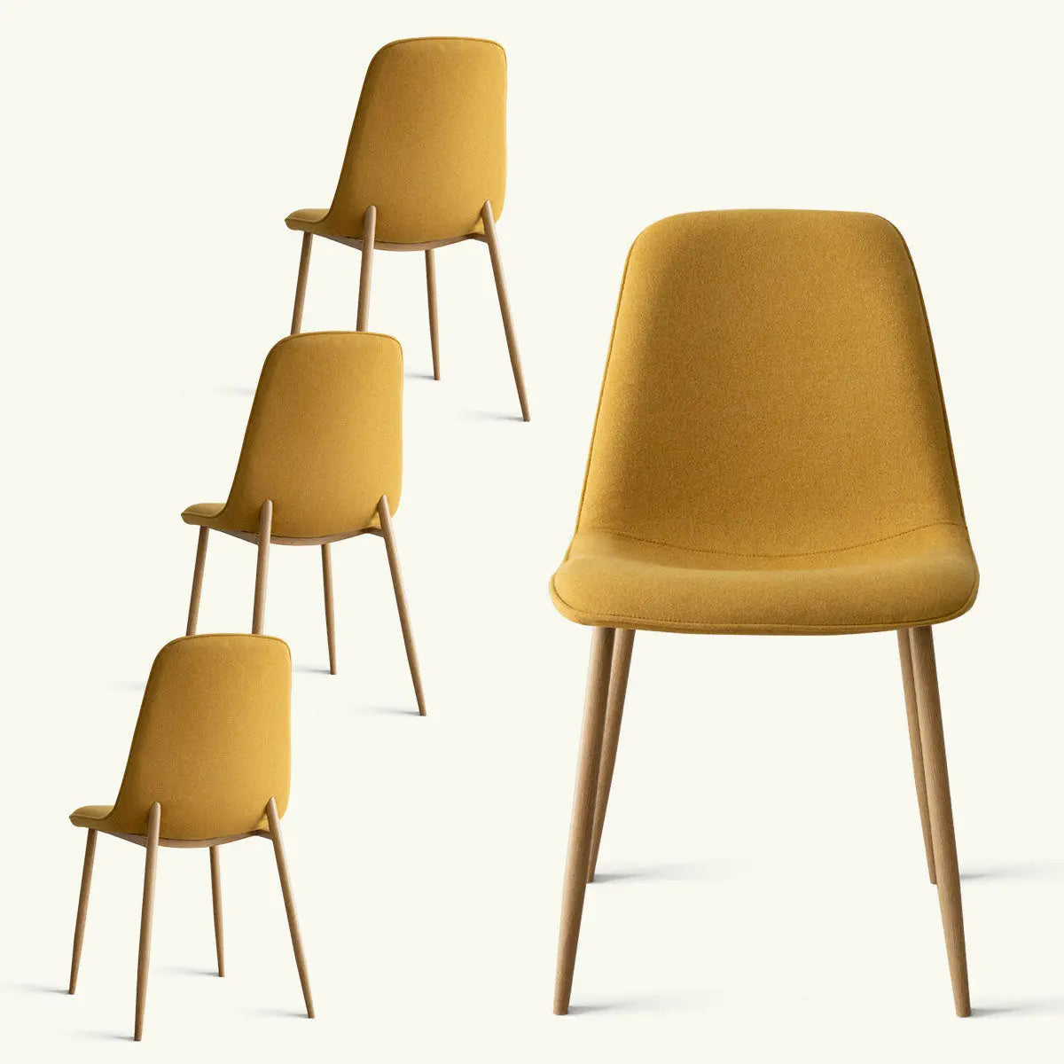 Oslo Modern Chenille Dining Chair with Oak Legs, mustard upholstery, multiple angles, contemporary style.