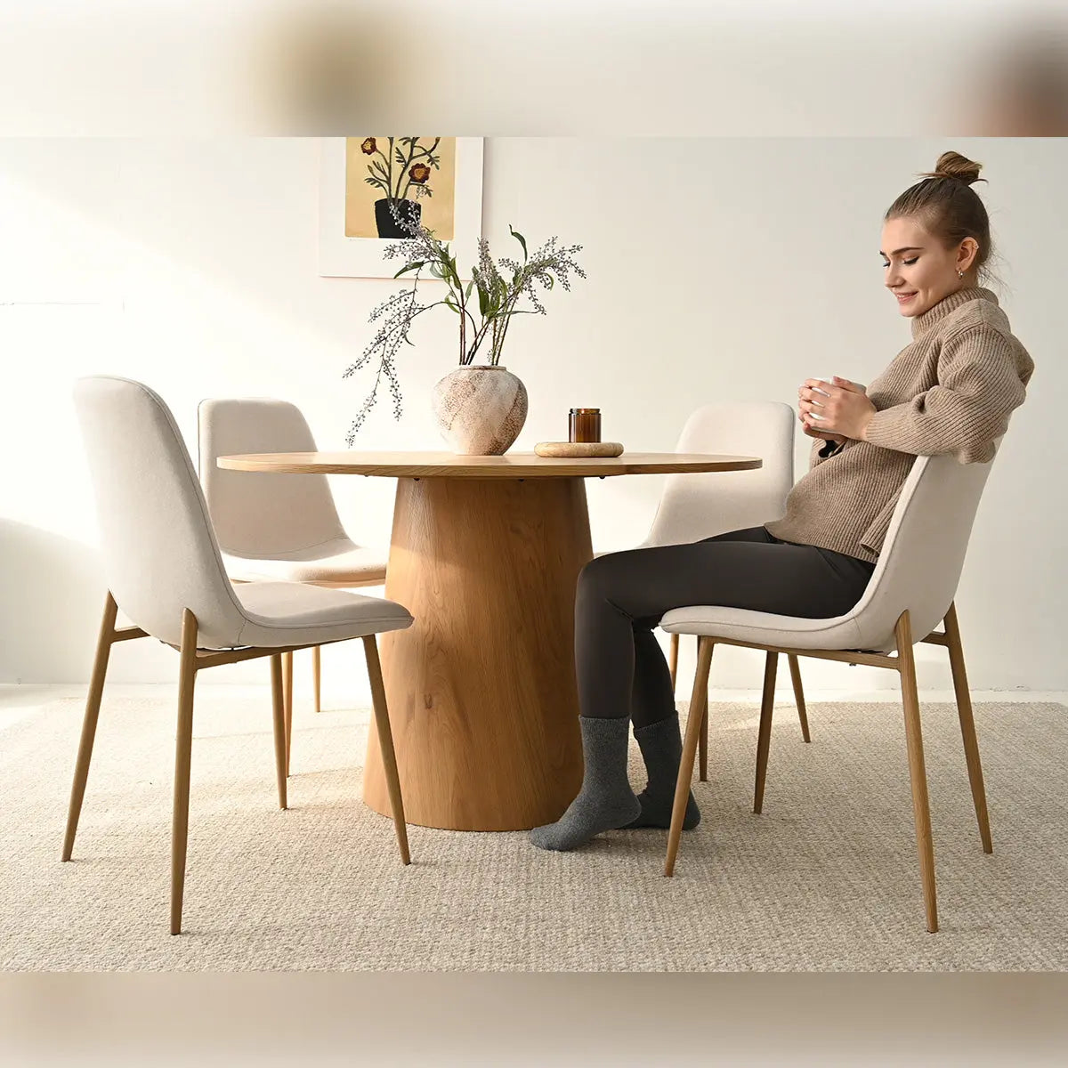 Oslo Modern Chenille Upholstered Dining Chair with Oak Legs in cozy dining room, neutral decor.