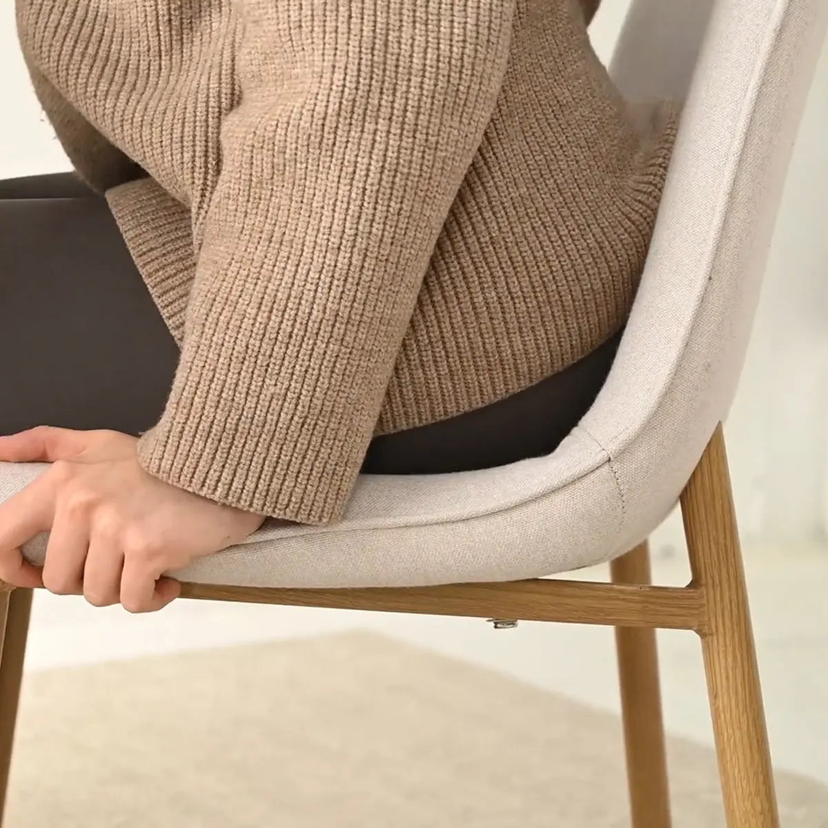 Oslo Modern Chenille Dining Chair with Oak Legs, featuring neutral tones and sleek upholstery design.