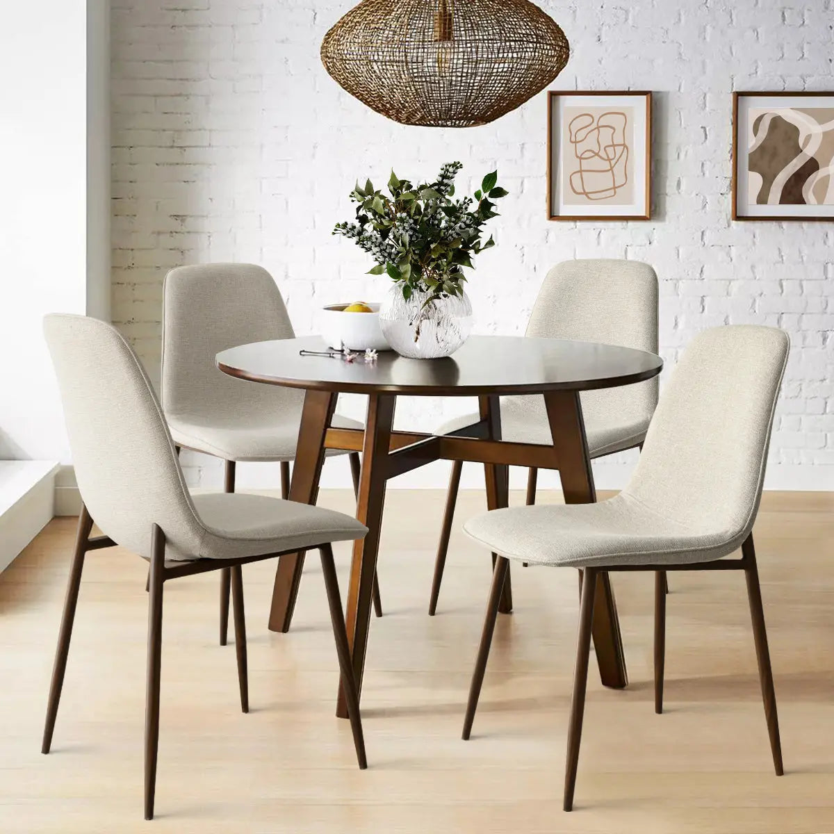 Oslo Modern Upholstered Dining Chair with Walnut Legs in stylish dining room with light wood flooring.