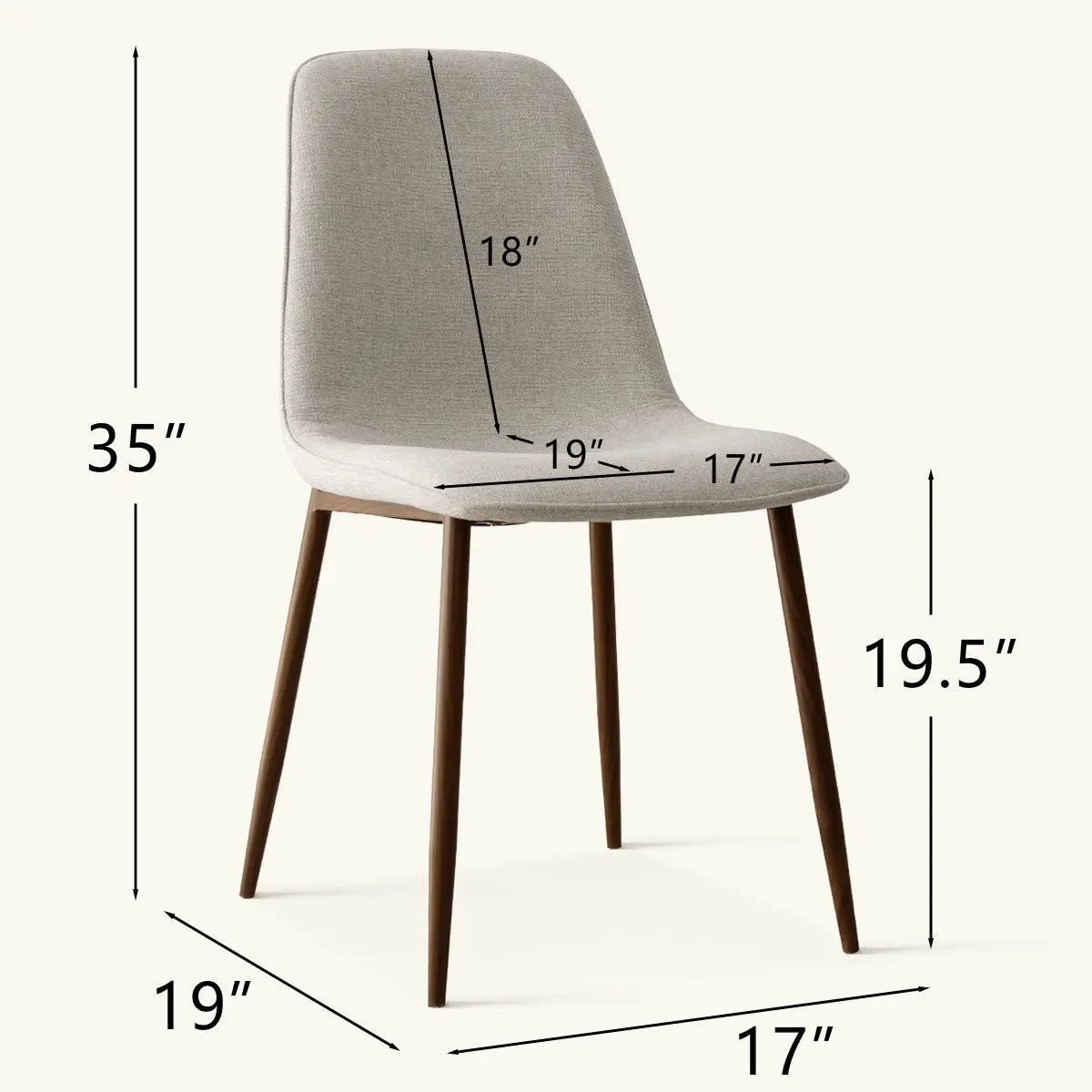 Dimensions of Oslo Modern Upholstered Dining Chair with Walnut Legs.