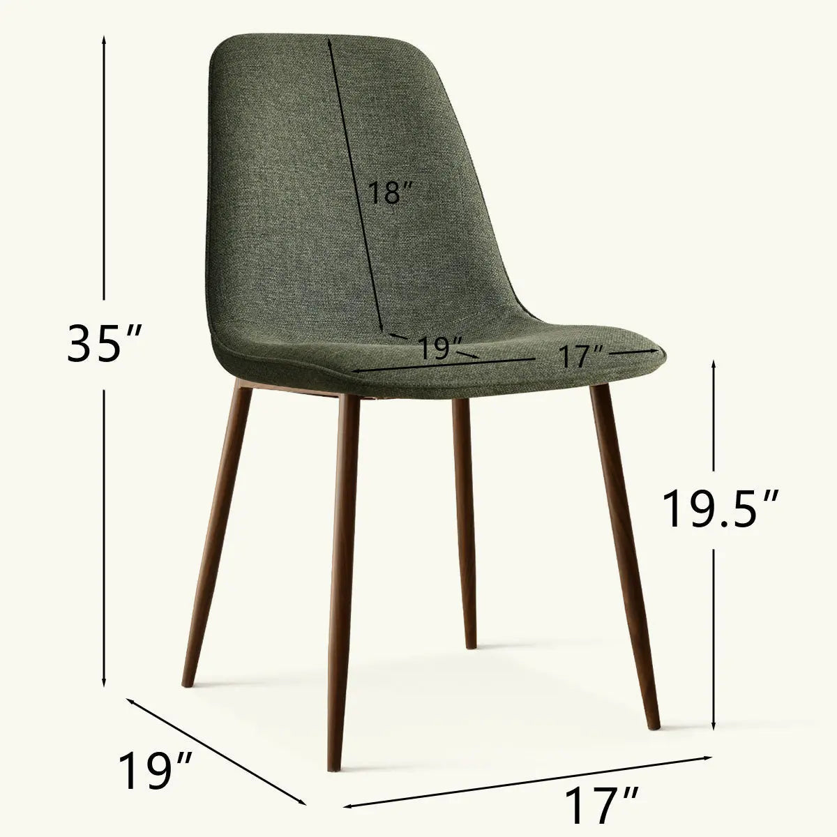 Oslo Modern Upholstered Dining Chair with walnut legs dimensions shown; simple elegant design.