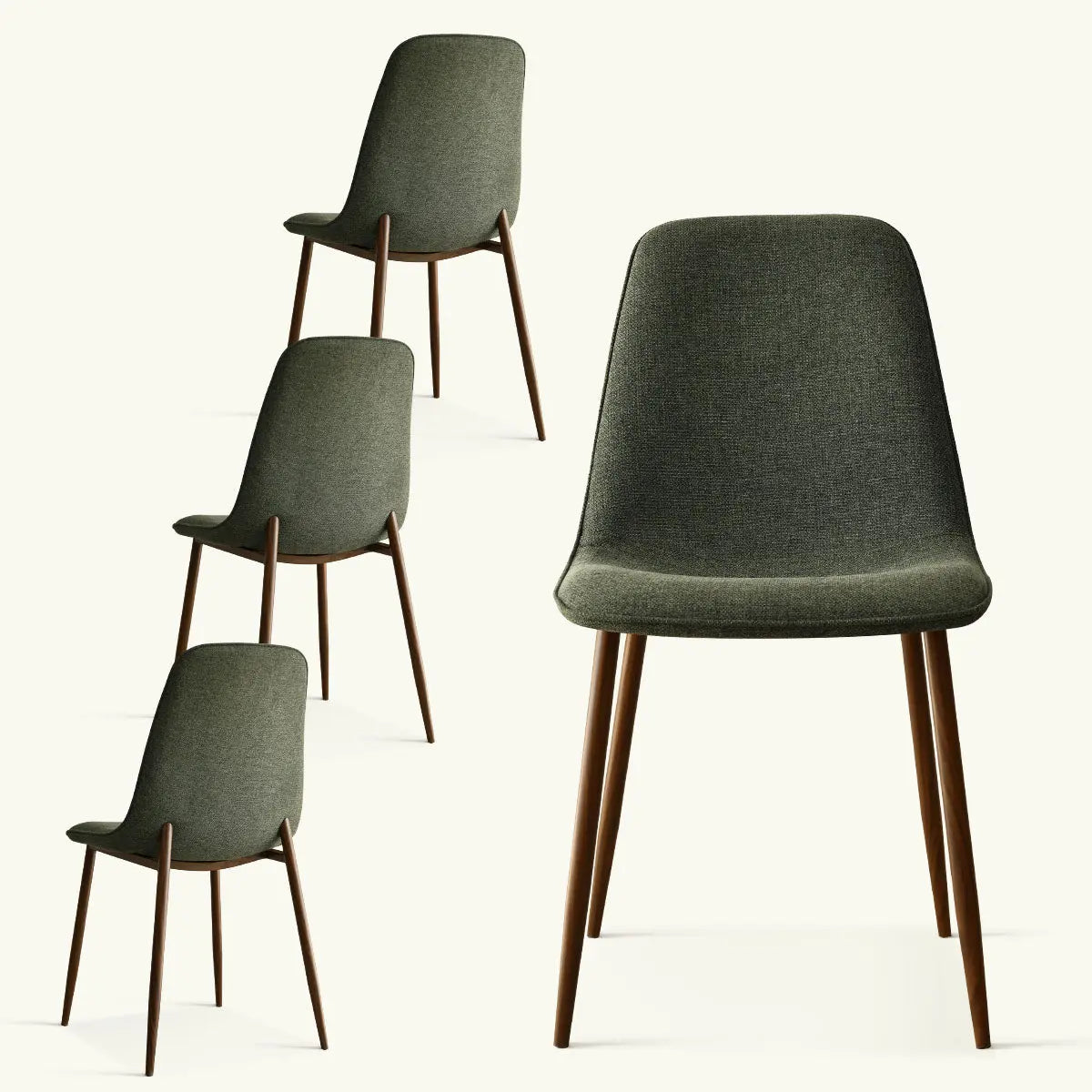 Oslo Modern Upholstered Dining Chair, Walnut Legs, minimalist design, multiple angles, no background details.