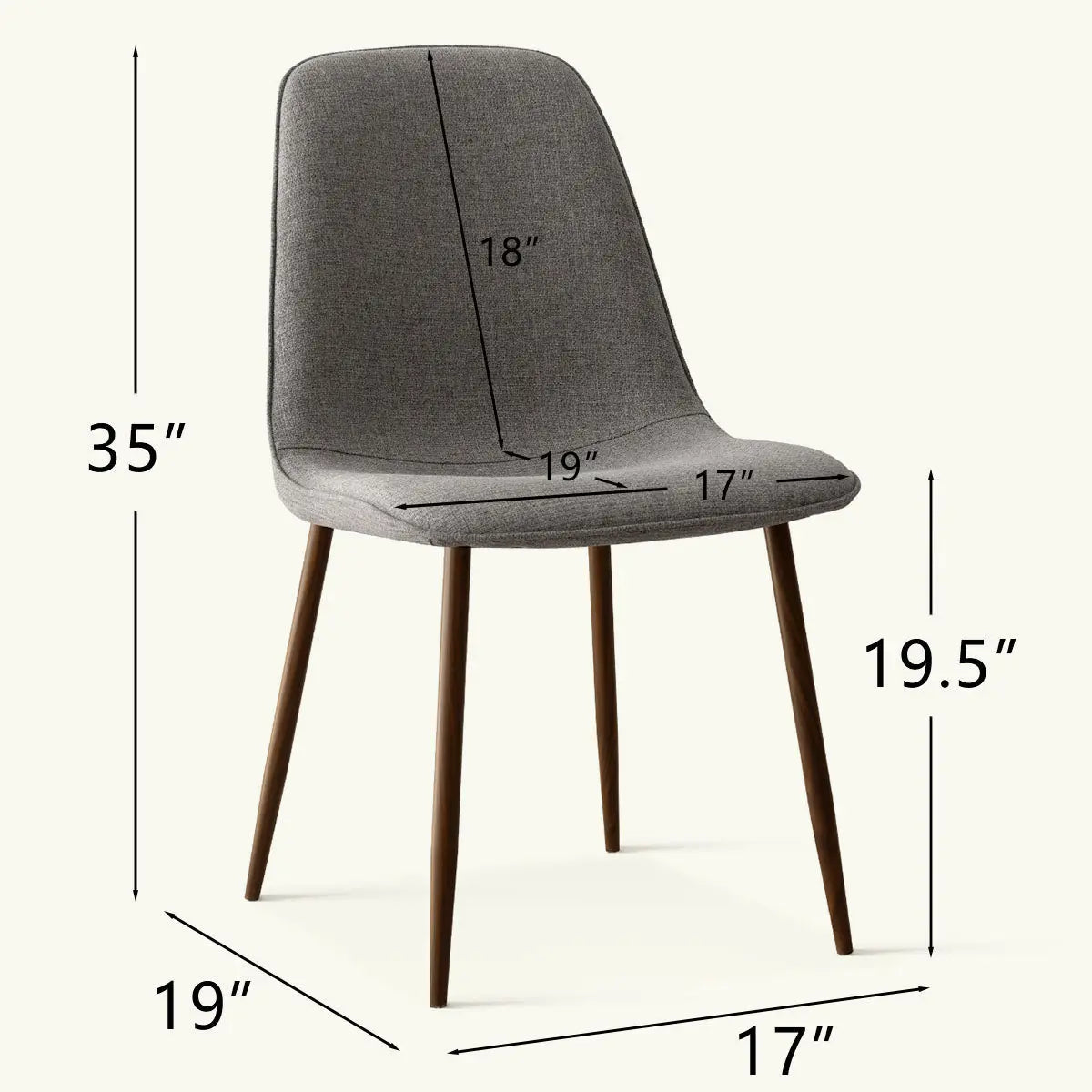 Oslo Modern Upholstered Dining Chair with Walnut Legs, dimensions detailed, in a minimalist setting.