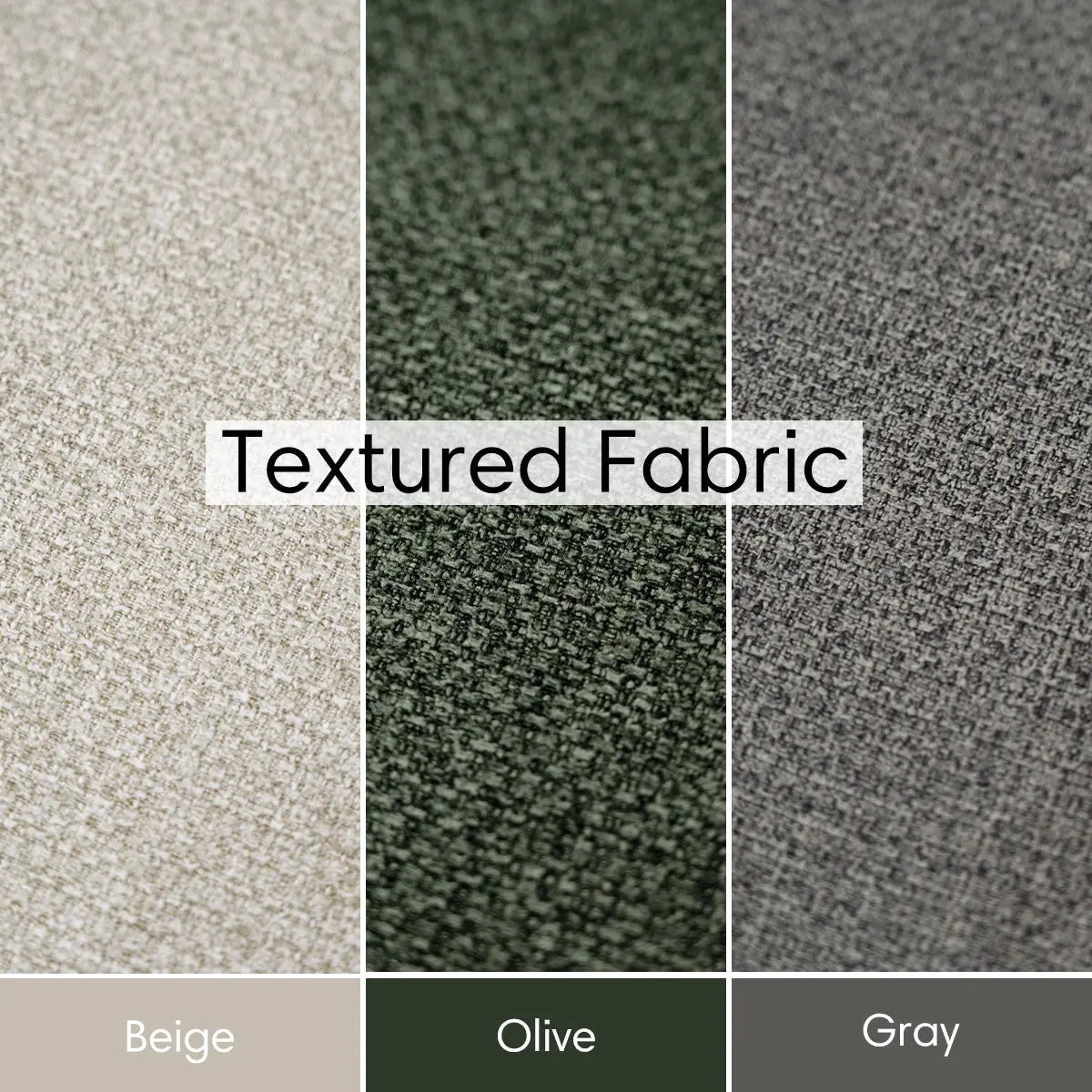 Textured fabric swatches in beige, olive, and gray for Oslo Modern Upholstered Dining Chair.