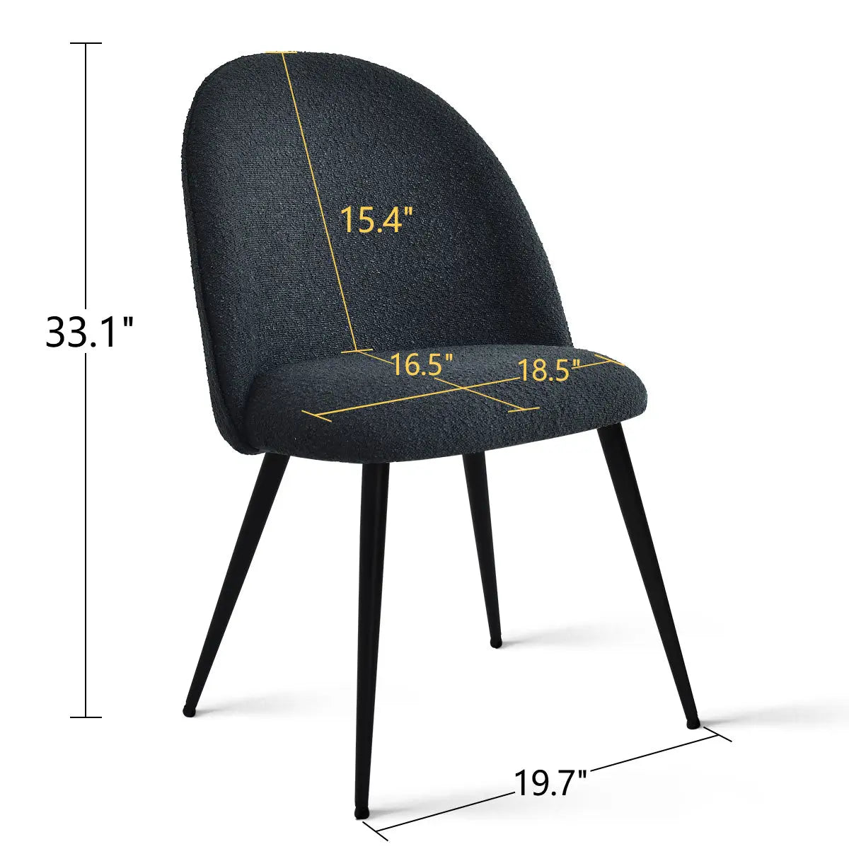 Rhon Modern Boucle Dining Chair dimensions, black legs, detailed angle view, minimalist style.