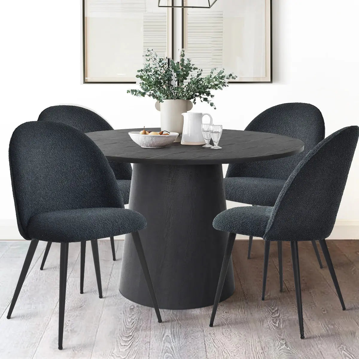 Rhon Modern Boucle Dining Chair, dark wood table, light wood flooring, contemporary dining room decor.