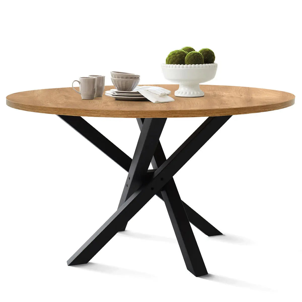 Robert Modern Round Dining Table with black metal legs, wood top, minimalist design, dining room furniture.