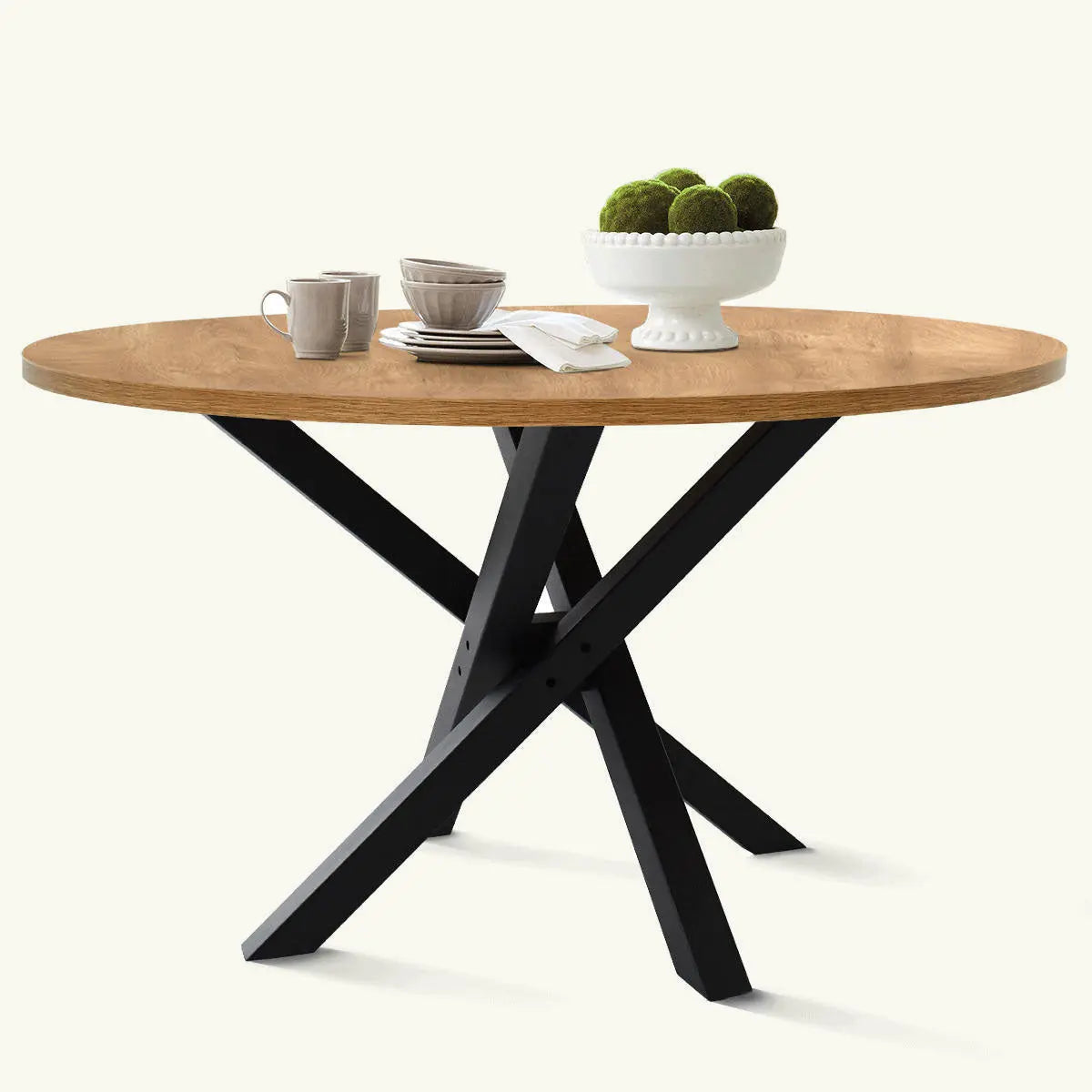 Robert 47'' modern round dining table with black metal base and wood top, contemporary design.