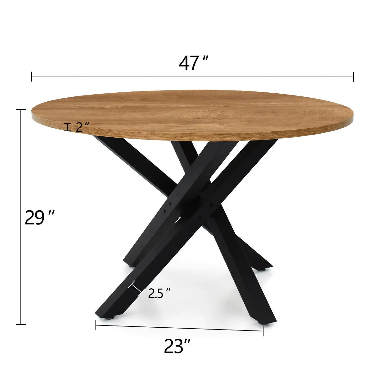 Robert Modern Round Dining Table measurements, featuring black legs and wooden top. Dimensions listed.