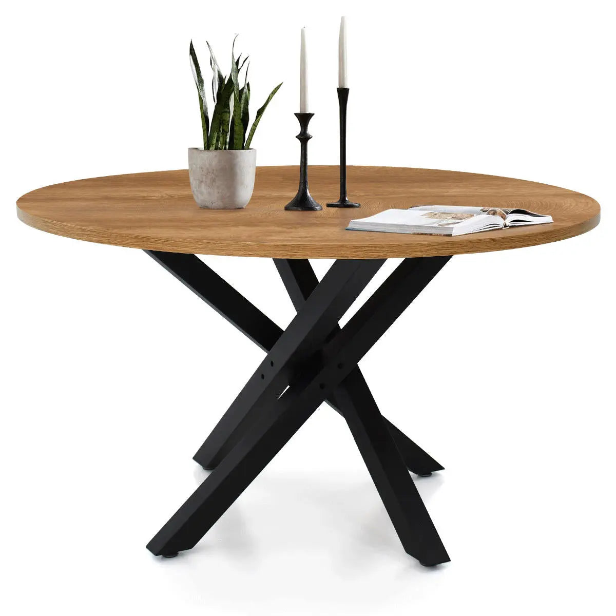 Robert Modern Round Dining Table, black metal legs, wood top, sleek contemporary design, dining room furniture.