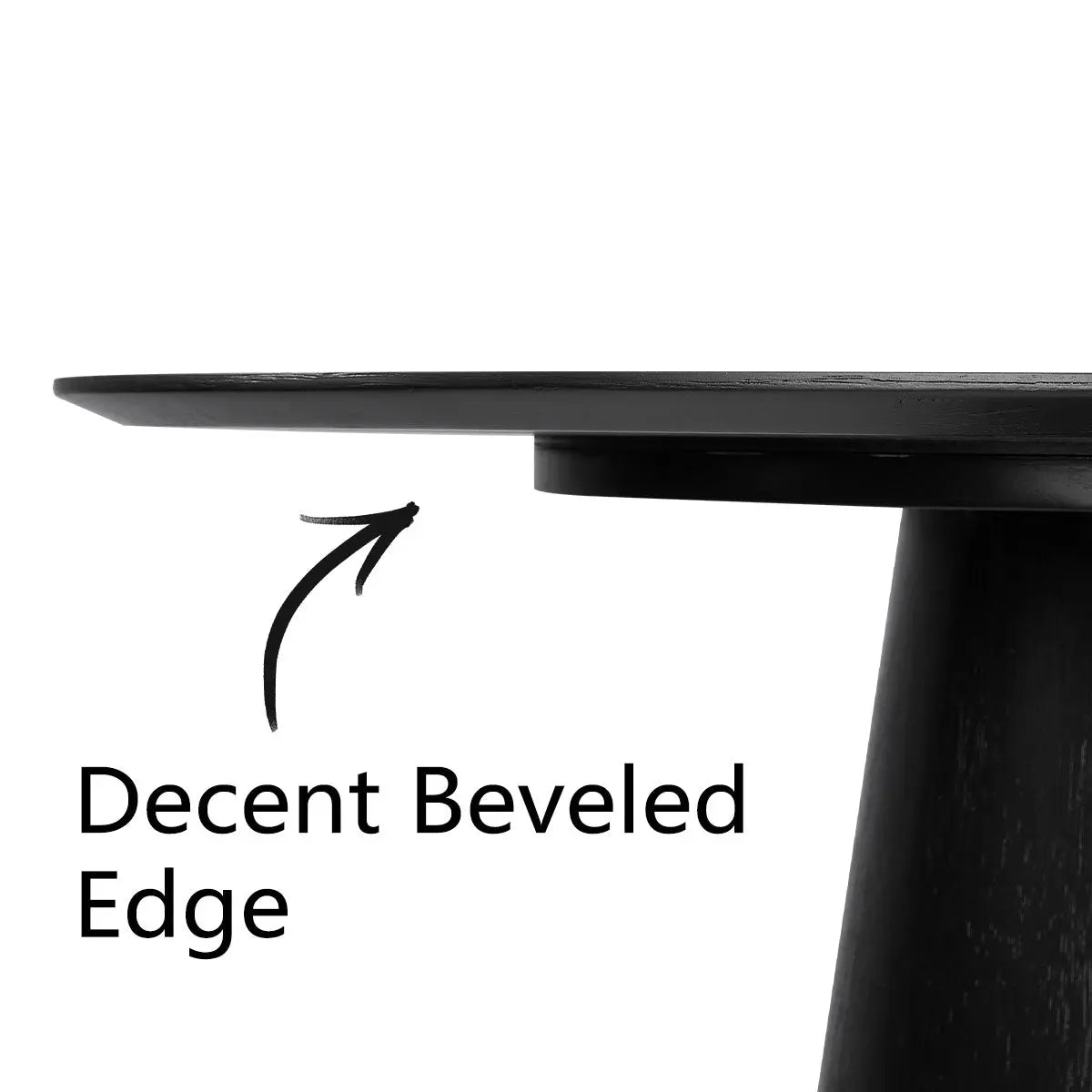 Saigong Oak Round Dining Table with beveled edge detail, side view, black finish.