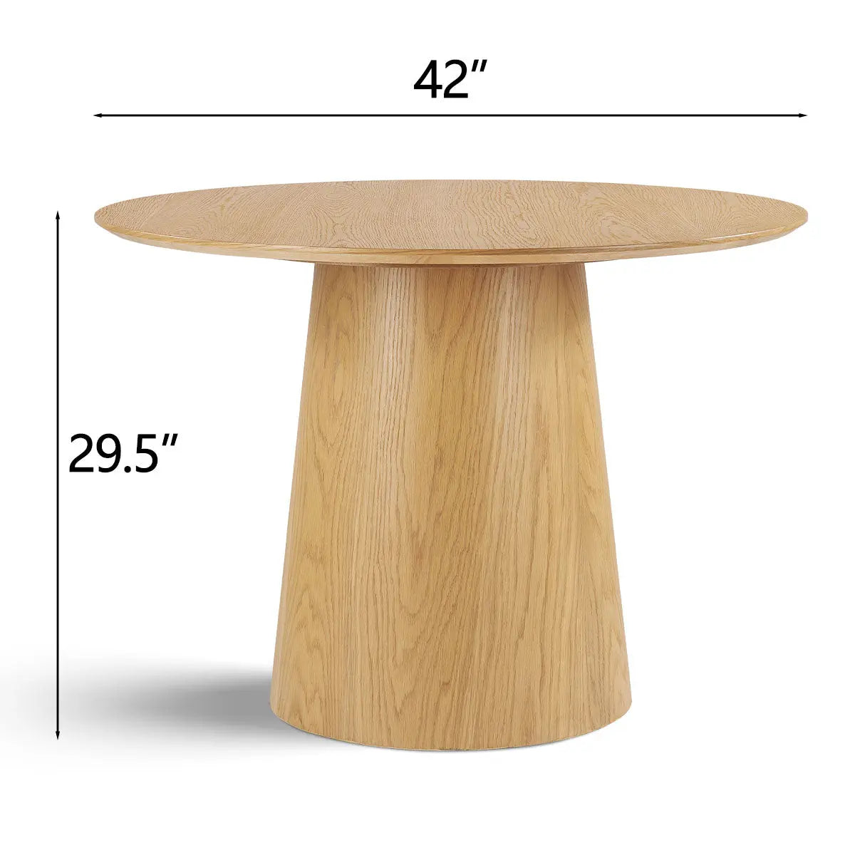 Saigong Oak Round Dining Table dimensions: 42" diameter, 29.5" height, elegant wood design.