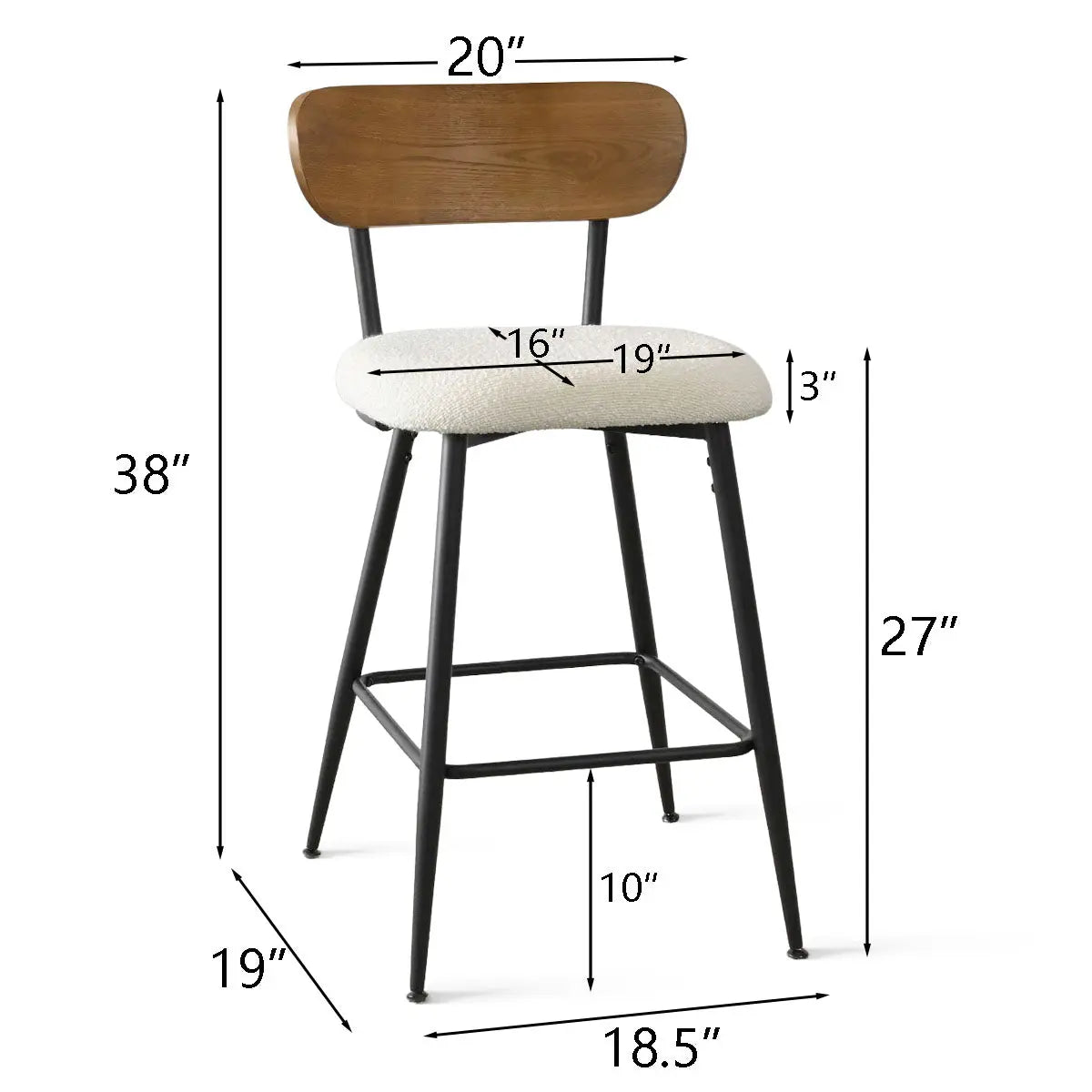 Skagen Boucle Counter Stool with Ash Back, dimensions included, metal frame, modern design.