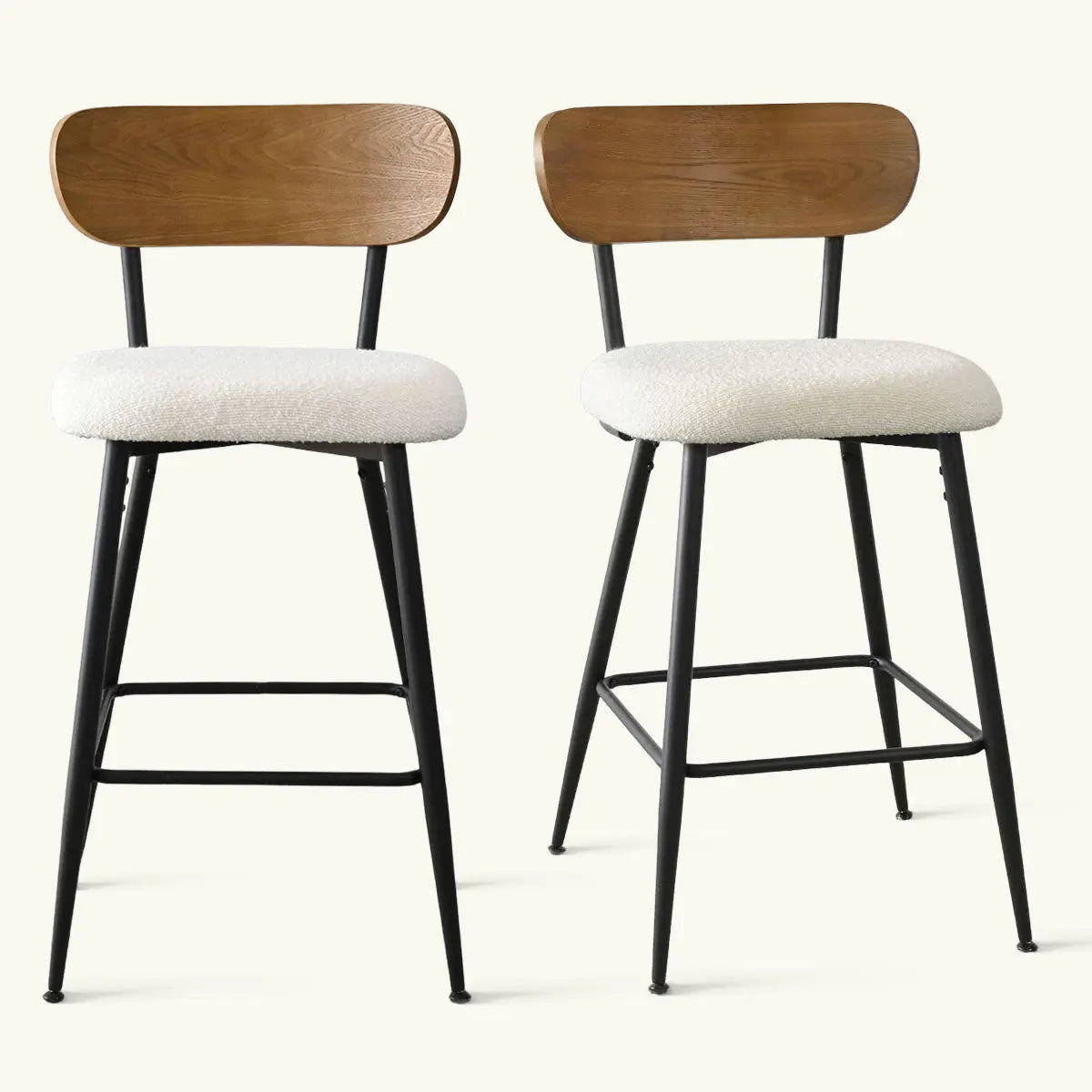 Skagen beige boucle counter stools with ash back, set of two, minimalist design.