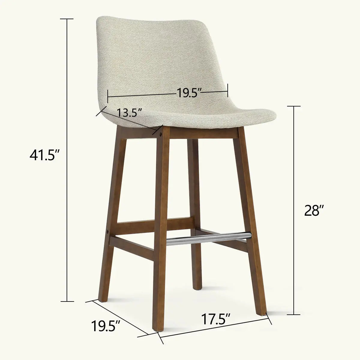 South Modern Upholstered Counter Stool dimensions, wooden legs, neutral upholstery, indoor furniture setting.