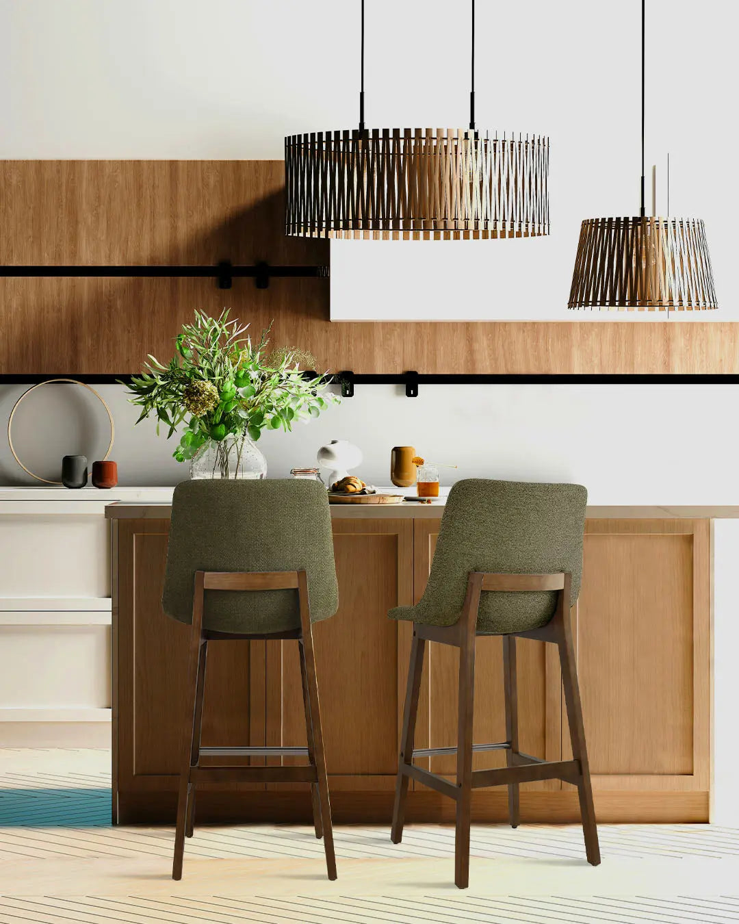 South Modern Upholstered Counter Stool in kitchen with wood cabinets, modern pendant lights, striped flooring.