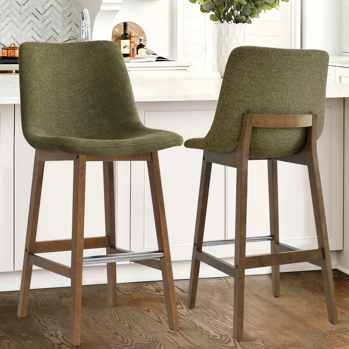 South Modern Upholstered Counter Stool in kitchen, wood flooring, white cabinets, natural wood finish.