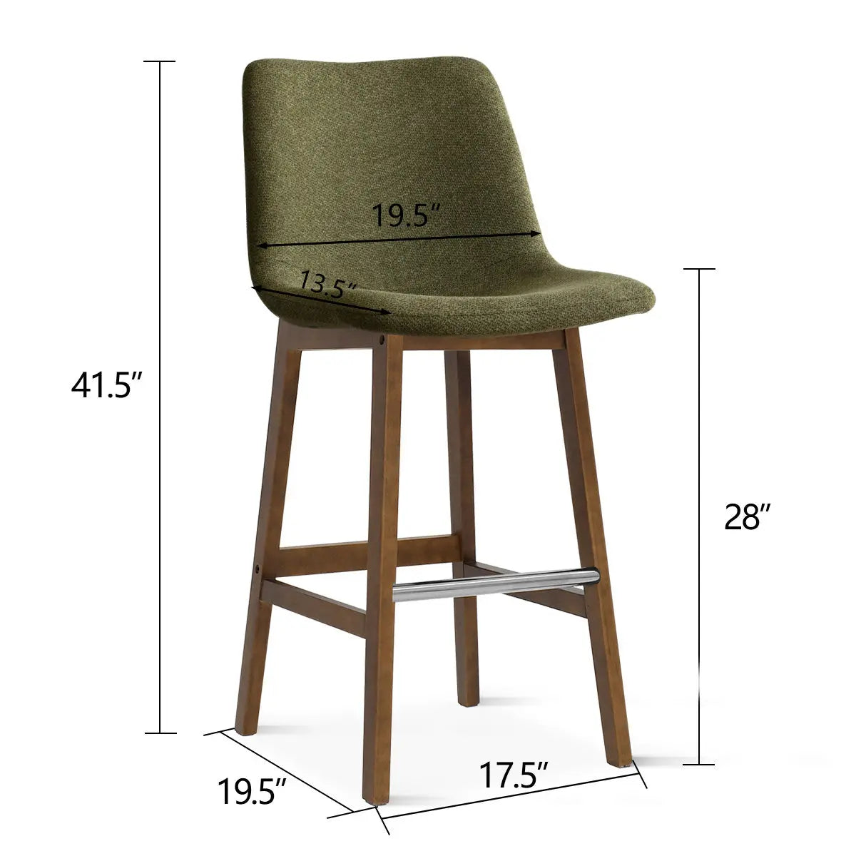 South Modern Upholstered Counter Stool dimensions, olive seat, wooden legs, versatile kitchen furniture.