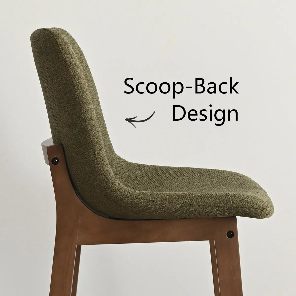 West Elm, scoop-back design, South Modern Upholstered Counter Stool, green fabric, wooden legs.