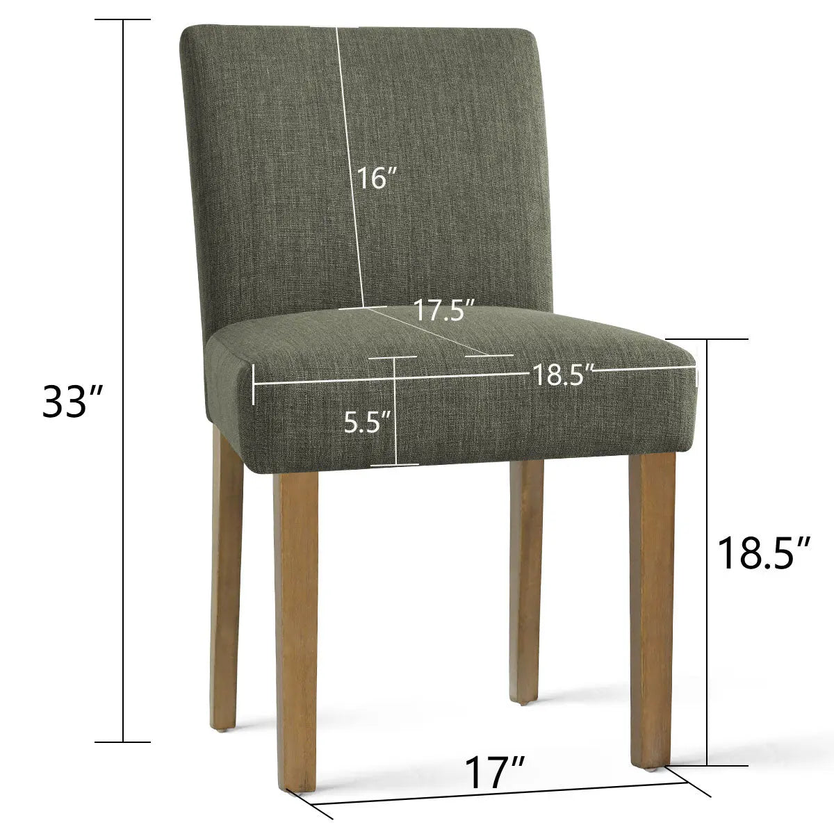 North Upholstered Dining Chair with dimensions; green fabric, wooden legs; perfect for dining rooms.