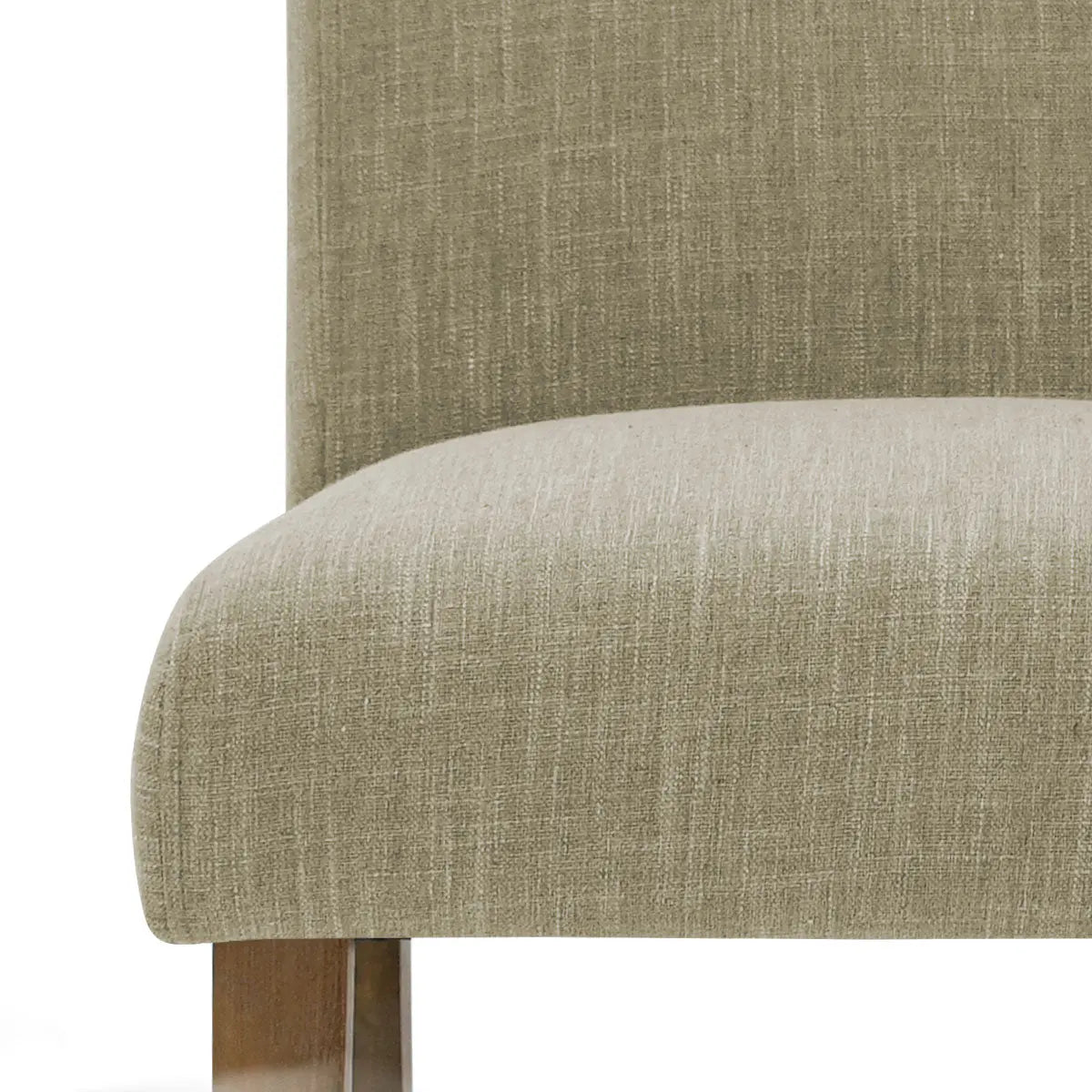 North Upholstered Dining Chair, green fabric, brown legs, modern style, close-up view.