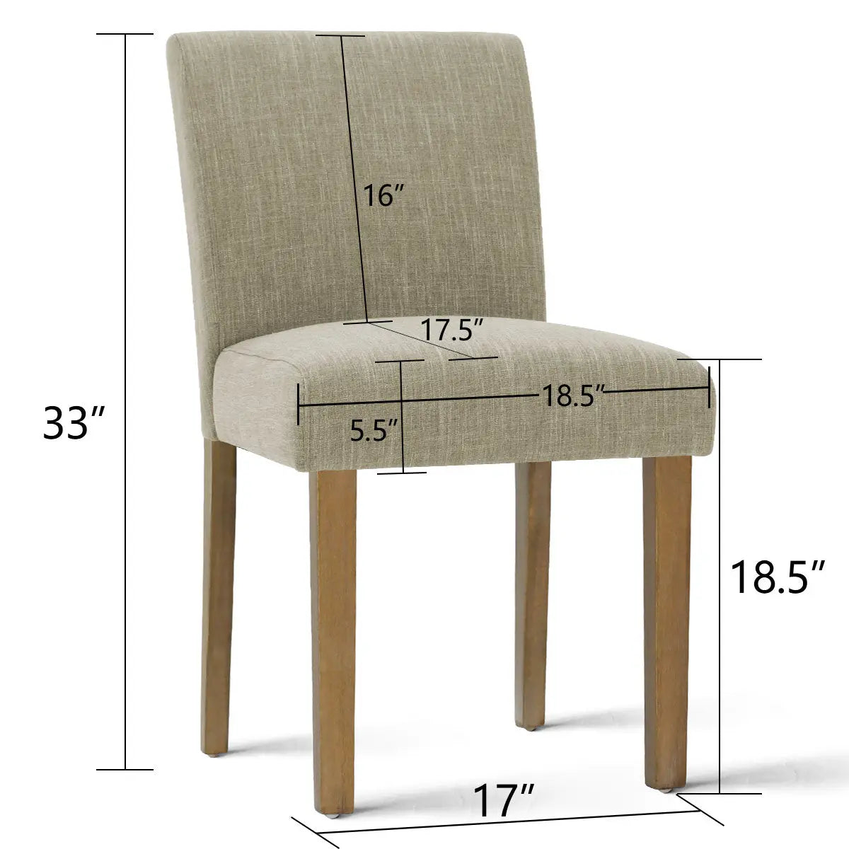 North Upholstered Dining Chair dimensions, beige fabric, wood legs, dining room furniture.