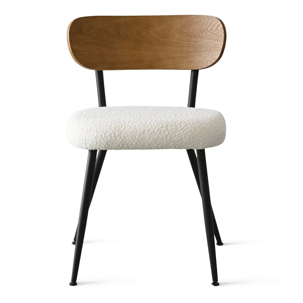 Skagen chair with ash back and boucle seat, modern minimalist design, black metal legs.