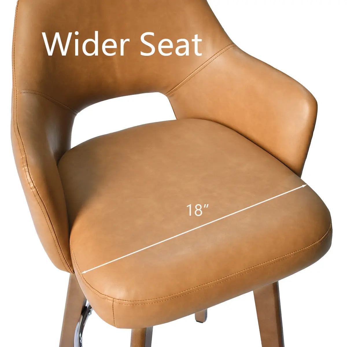 Edward Leather Swivel Counter Stool with Arms, wider seat, 18" dimension, tan leather finish.