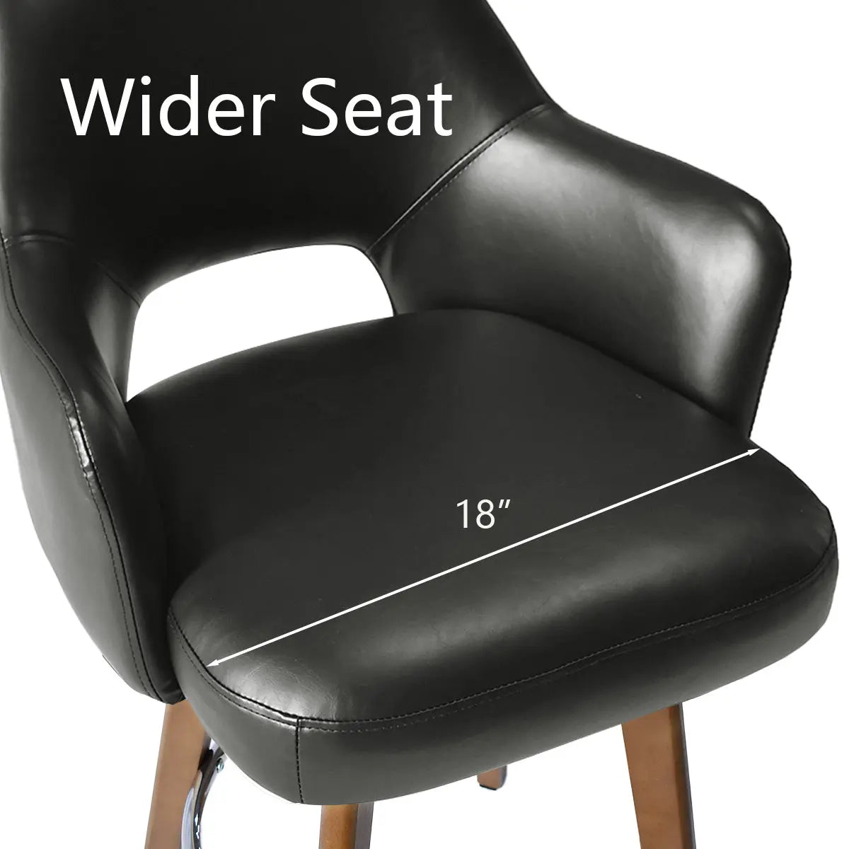 Wider seat of Edward Leather Swivel Counter Stool with Arms, 18" dimension, wooden legs.