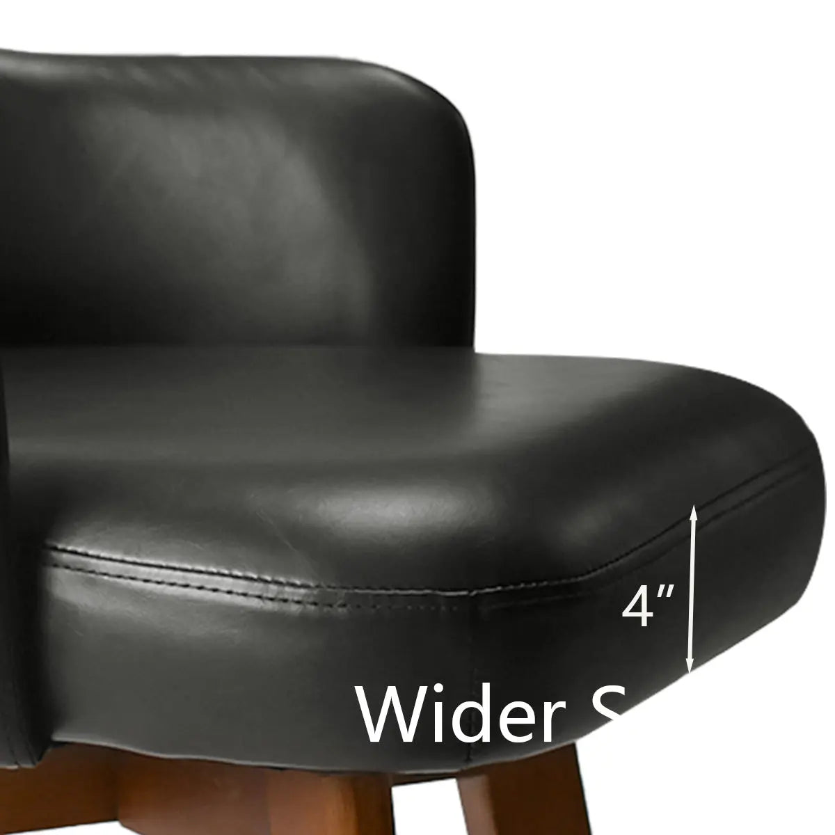 Edward Leather Swivel Counter Stool with Arms, Black Seat, Wood Legs, 4-inch Cushion Dimension.