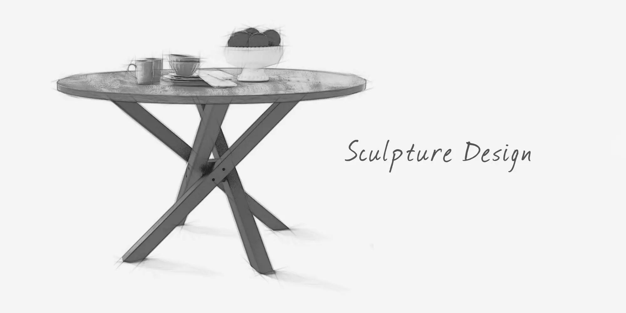 Sculpture Design Robert Modern Round Dining Table, grey cross-legs, minimalist style in room setting.